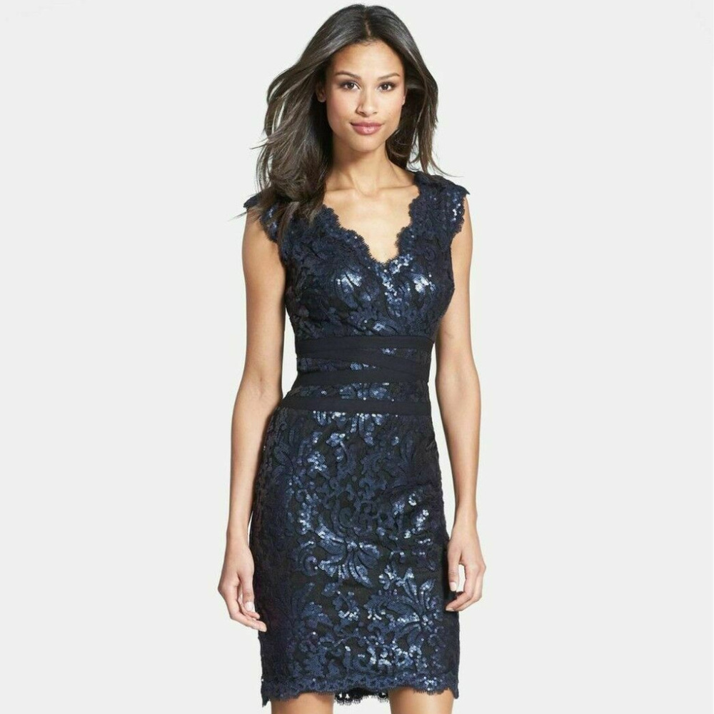 TADASHI SHOJI Navy Blue Black Paillette Sequin Lac